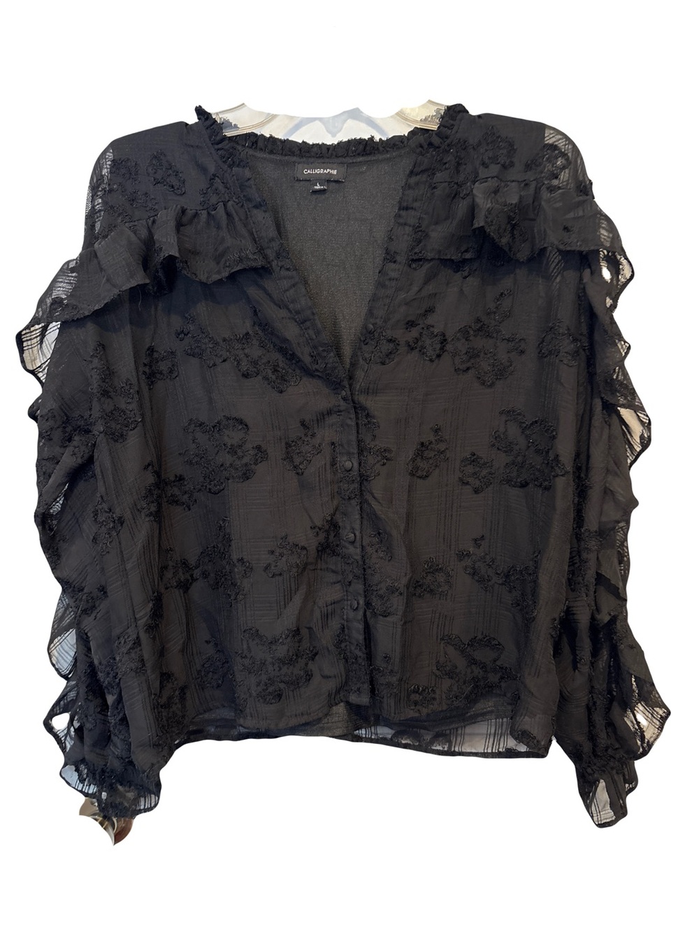Calligraphie Black Sheer Ruffle-Trim Button-Front Blouse